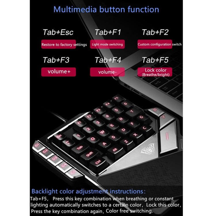 AULA K2 38 Keys 7 Colors Breathing Light One-hand Wired Gaming Keyboard(Black)