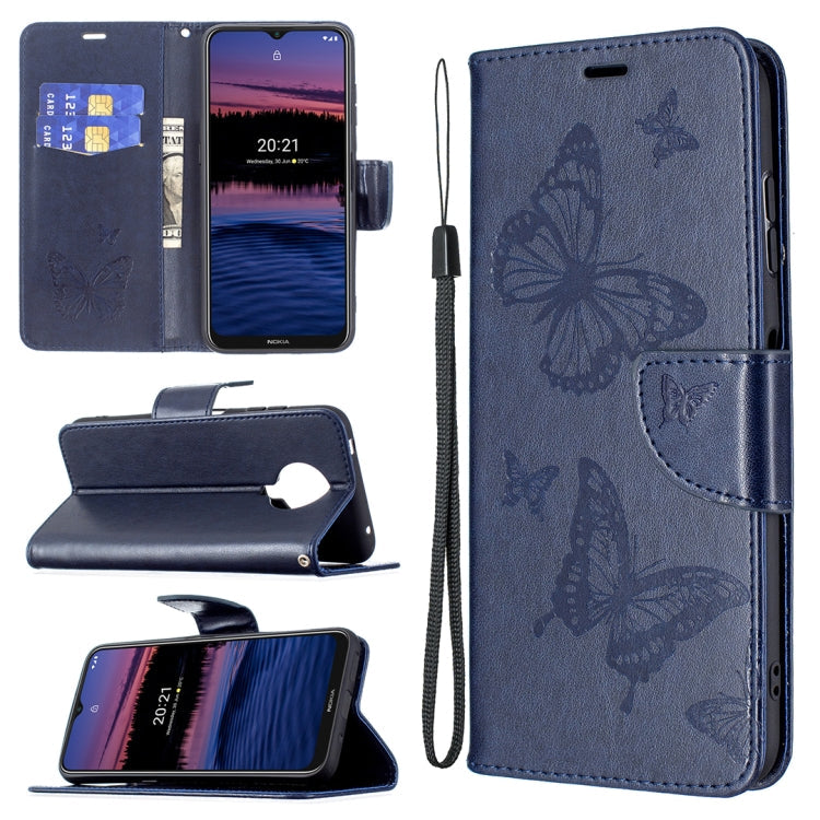 For Nokia G20 / G10 Embossing Two Butterflies Pattern Horizontal Flip PU Leather Case with Holder & Card Slot & Wallet & Lanyard(Dark Blue)