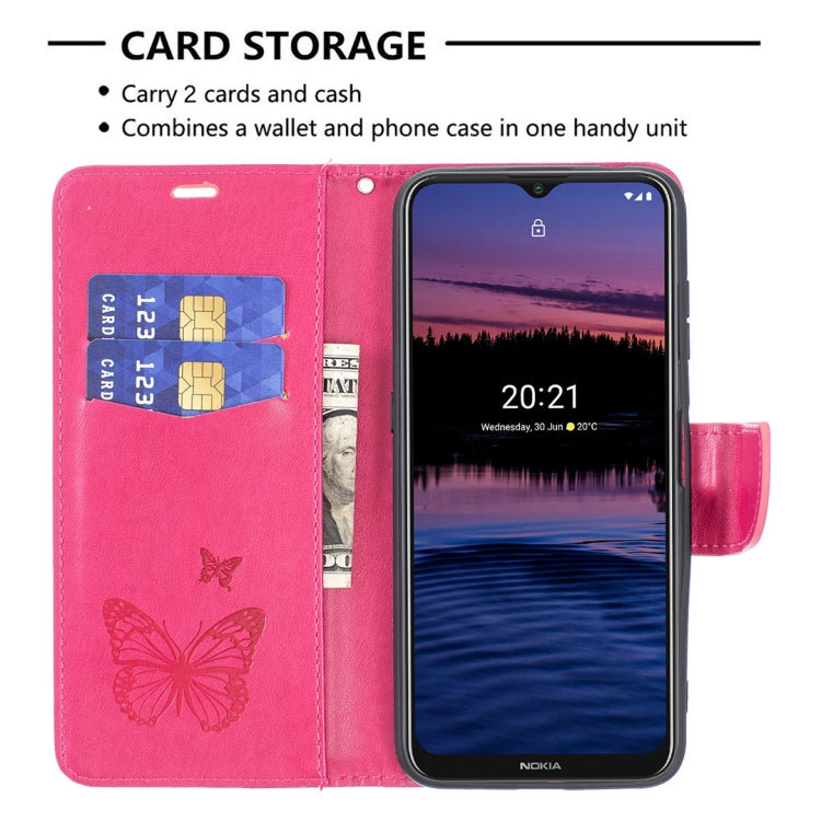 For Nokia G20 / G10 Embossing Two Butterflies Pattern Horizontal Flip PU Leather Case with Holder & Card Slot & Wallet & Lanyard(Rose Red)