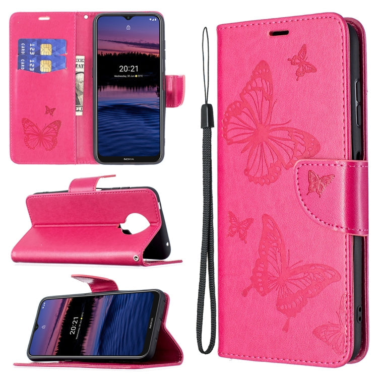 For Nokia G20 / G10 Embossing Two Butterflies Pattern Horizontal Flip PU Leather Case with Holder & Card Slot & Wallet & Lanyard(Rose Red)