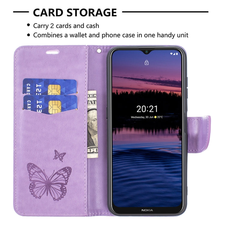 For Nokia G20 / G10 Embossing Two Butterflies Pattern Horizontal Flip PU Leather Case with Holder & Card Slot & Wallet & Lanyard(Purple)