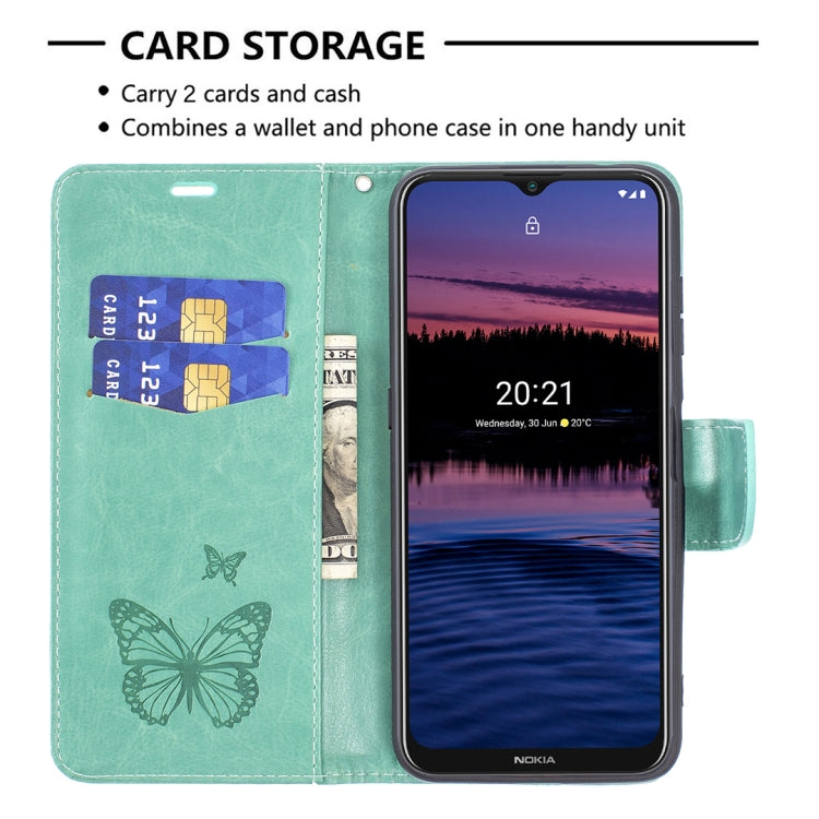 For Nokia G20 / G10 Embossing Two Butterflies Pattern Horizontal Flip PU Leather Case with Holder & Card Slot & Wallet & Lanyard(Green)