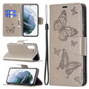 For Samsung Galaxy S21 FE Embossing Two Butterflies Pattern Horizontal Flip PU Leather Case with Holder & Card Slot & Wallet & Lanyard(Grey)