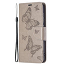 For Samsung Galaxy S21 FE Embossing Two Butterflies Pattern Horizontal Flip PU Leather Case with Holder & Card Slot & Wallet & Lanyard(Grey)