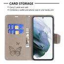 For Samsung Galaxy S21 FE Embossing Two Butterflies Pattern Horizontal Flip PU Leather Case with Holder & Card Slot & Wallet & Lanyard(Grey)