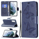 For Samsung Galaxy S21 FE Embossing Two Butterflies Pattern Horizontal Flip PU Leather Case with Holder & Card Slot & Wallet & Lanyard(Dark Blue)