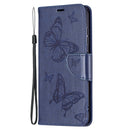 For Samsung Galaxy S21 FE Embossing Two Butterflies Pattern Horizontal Flip PU Leather Case with Holder & Card Slot & Wallet & Lanyard(Dark Blue)