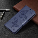 For Samsung Galaxy S21 FE Embossing Two Butterflies Pattern Horizontal Flip PU Leather Case with Holder & Card Slot & Wallet & Lanyard(Dark Blue)