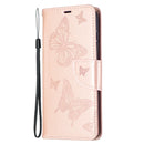 For Samsung Galaxy S21 FE Embossing Two Butterflies Pattern Horizontal Flip PU Leather Case with Holder & Card Slot & Wallet & Lanyard(Rose Gold)