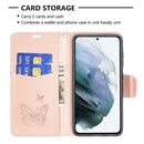 For Samsung Galaxy S21 FE Embossing Two Butterflies Pattern Horizontal Flip PU Leather Case with Holder & Card Slot & Wallet & Lanyard(Rose Gold)