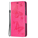 For Samsung Galaxy S21 FE Embossing Two Butterflies Pattern Horizontal Flip PU Leather Case with Holder & Card Slot & Wallet & Lanyard(Rose Red)