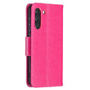 For Samsung Galaxy S21 FE Embossing Two Butterflies Pattern Horizontal Flip PU Leather Case with Holder & Card Slot & Wallet & Lanyard(Rose Red)