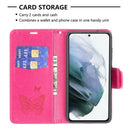 For Samsung Galaxy S21 FE Embossing Two Butterflies Pattern Horizontal Flip PU Leather Case with Holder & Card Slot & Wallet & Lanyard(Rose Red)