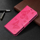 For Samsung Galaxy S21 FE Embossing Two Butterflies Pattern Horizontal Flip PU Leather Case with Holder & Card Slot & Wallet & Lanyard(Rose Red)