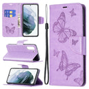 For Samsung Galaxy S21 FE Embossing Two Butterflies Pattern Horizontal Flip PU Leather Case with Holder & Card Slot & Wallet & Lanyard(Purple)