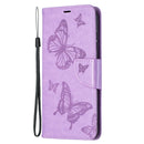 For Samsung Galaxy S21 FE Embossing Two Butterflies Pattern Horizontal Flip PU Leather Case with Holder & Card Slot & Wallet & Lanyard(Purple)