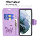 For Samsung Galaxy S21 FE Embossing Two Butterflies Pattern Horizontal Flip PU Leather Case with Holder & Card Slot & Wallet & Lanyard(Purple)