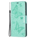 For Samsung Galaxy S21 FE Embossing Two Butterflies Pattern Horizontal Flip PU Leather Case with Holder & Card Slot & Wallet & Lanyard(Green)