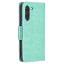 For Samsung Galaxy S21 FE Embossing Two Butterflies Pattern Horizontal Flip PU Leather Case with Holder & Card Slot & Wallet & Lanyard(Green)