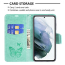 For Samsung Galaxy S21 FE Embossing Two Butterflies Pattern Horizontal Flip PU Leather Case with Holder & Card Slot & Wallet & Lanyard(Green)