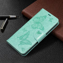 For Samsung Galaxy S21 FE Embossing Two Butterflies Pattern Horizontal Flip PU Leather Case with Holder & Card Slot & Wallet & Lanyard(Green)