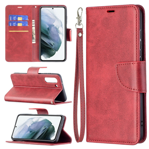 For Samsung Galaxy S21 FE Retro Lambskin Texture Pure Color Horizontal Flip PU Leather Case with Holder & Card Slots & Wallet & Lanyard(Red)