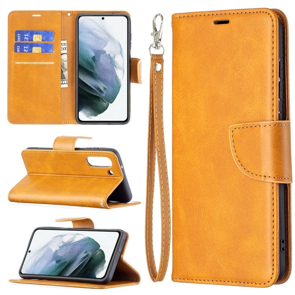 For Samsung Galaxy S21 FE Retro Lambskin Texture Pure Color Horizontal Flip PU Leather Case with Holder & Card Slots & Wallet & Lanyard(Yellow)