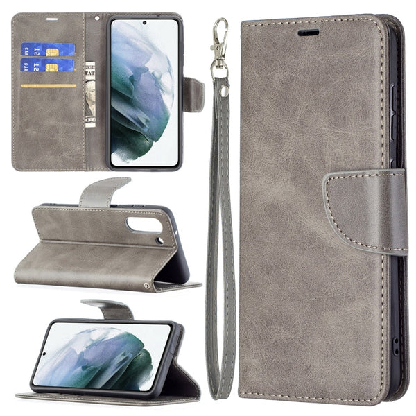 For Samsung Galaxy S21 FE Retro Lambskin Texture Pure Color Horizontal Flip PU Leather Case with Holder & Card Slots & Wallet & Lanyard(Grey)