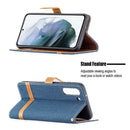 For Samsung Galaxy S21 FE Color Matching Denim Texture Horizontal Flip Leather Case with Holder & Card Slots & Wallet & Lanyard(Dark Blue)