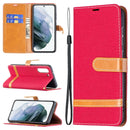 For Samsung Galaxy S21 FE Color Matching Denim Texture Horizontal Flip Leather Case with Holder & Card Slots & Wallet & Lanyard(Red)