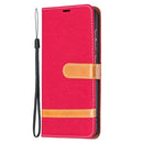 For Samsung Galaxy S21 FE Color Matching Denim Texture Horizontal Flip Leather Case with Holder & Card Slots & Wallet & Lanyard(Red)