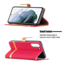 For Samsung Galaxy S21 FE Color Matching Denim Texture Horizontal Flip Leather Case with Holder & Card Slots & Wallet & Lanyard(Red)