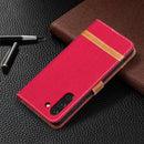 For Samsung Galaxy S21 FE Color Matching Denim Texture Horizontal Flip Leather Case with Holder & Card Slots & Wallet & Lanyard(Red)