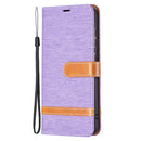 For Samsung Galaxy S21 FE Color Matching Denim Texture Horizontal Flip Leather Case with Holder & Card Slots & Wallet & Lanyard(Purple)