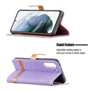 For Samsung Galaxy S21 FE Color Matching Denim Texture Horizontal Flip Leather Case with Holder & Card Slots & Wallet & Lanyard(Purple)