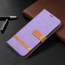 For Samsung Galaxy S21 FE Color Matching Denim Texture Horizontal Flip Leather Case with Holder & Card Slots & Wallet & Lanyard(Purple)
