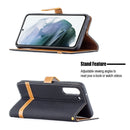 For Samsung Galaxy S21 FE Color Matching Denim Texture Horizontal Flip Leather Case with Holder & Card Slots & Wallet & Lanyard(Black)