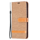 For Samsung Galaxy S21 FE Color Matching Denim Texture Horizontal Flip Leather Case with Holder & Card Slots & Wallet & Lanyard(Brown)