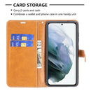 For Samsung Galaxy S21 FE Color Matching Denim Texture Horizontal Flip Leather Case with Holder & Card Slots & Wallet & Lanyard(Brown)