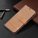 For Samsung Galaxy S21 FE Color Matching Denim Texture Horizontal Flip Leather Case with Holder & Card Slots & Wallet & Lanyard(Brown)