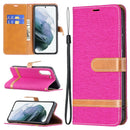 For Samsung Galaxy S21 FE Color Matching Denim Texture Horizontal Flip Leather Case with Holder & Card Slots & Wallet & Lanyard(Rose Red)