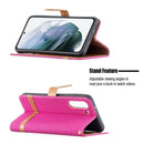 For Samsung Galaxy S21 FE Color Matching Denim Texture Horizontal Flip Leather Case with Holder & Card Slots & Wallet & Lanyard(Rose Red)