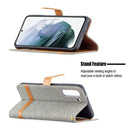 For Samsung Galaxy S21 FE Color Matching Denim Texture Horizontal Flip Leather Case with Holder & Card Slots & Wallet & Lanyard(Grey)