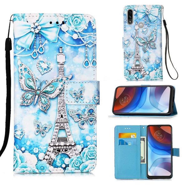 For Motorola Moto E7 Power Colored Drawing Pattern Plain Weave Horizontal Flip Leather Case with Holder & Card Slot & Wallet & Lanyard(Tower Butterfly)