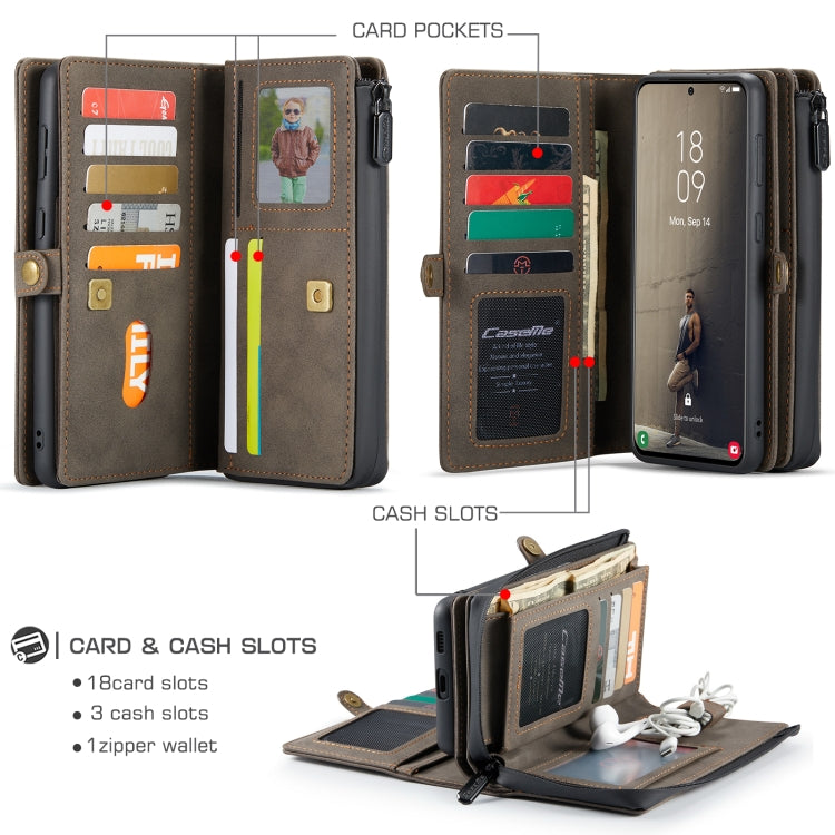 For Samsung Galaxy S21 FE CaseMe 018 Detachable Multi-functional Horizontal Flip Leather Case, with Card Slot & Holder & Zipper Wallet & Photo Frame(Brown)