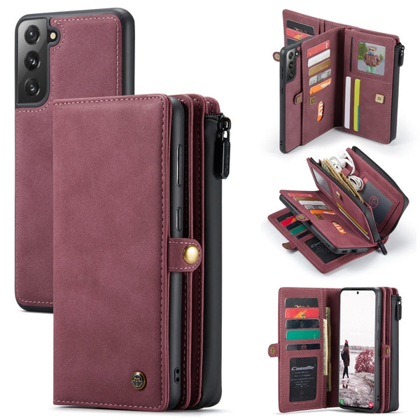For Samsung Galaxy S21 FE CaseMe 018 Detachable Multi-functional Horizontal Flip Leather Case, with Card Slot & Holder & Zipper Wallet & Photo Frame(Red)
