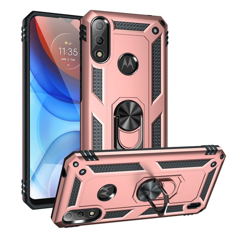 For Motorola Moto E7 Power (2021) Shockproof TPU + PC Protective Case with 360 Degree Rotating Holder(Rose Gold)