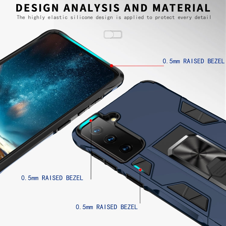 For Samsung Galaxy S21 FE Soldier Armor Shockproof TPU + PC Magnetic Protective Case with Holder(Blue)