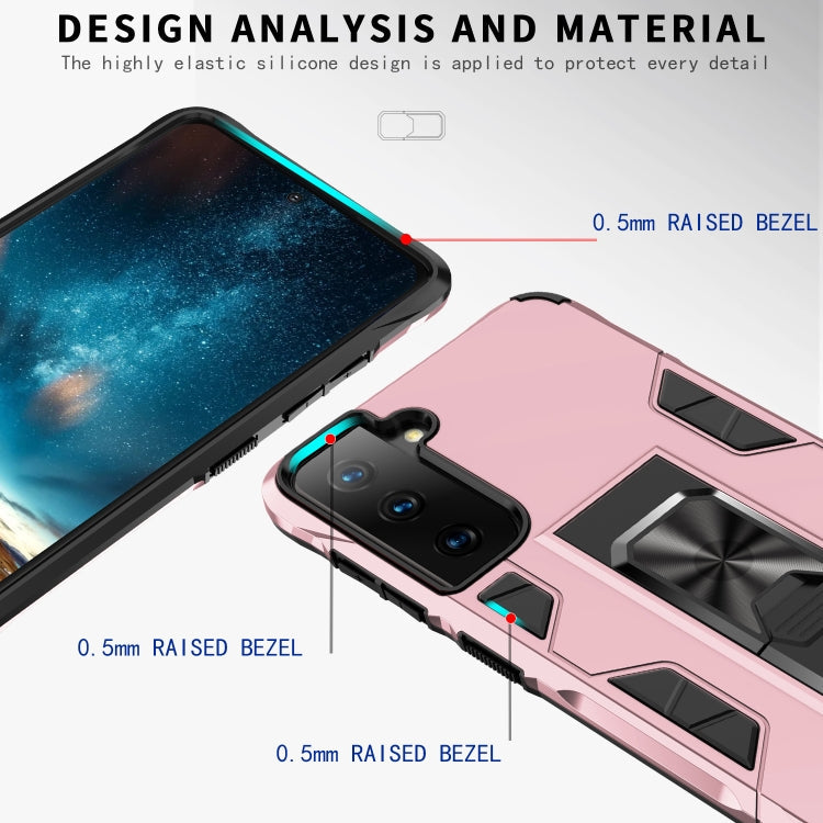 For Samsung Galaxy S21 FE Soldier Armor Shockproof TPU + PC Magnetic Protective Case with Holder(Rose Gold)