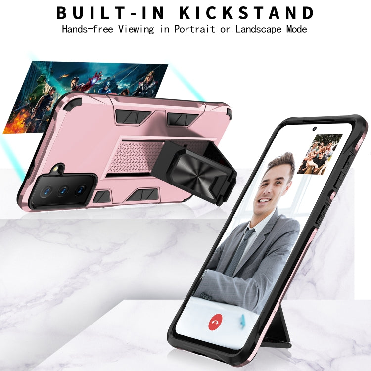 For Samsung Galaxy S21 FE Soldier Armor Shockproof TPU + PC Magnetic Protective Case with Holder(Rose Gold)